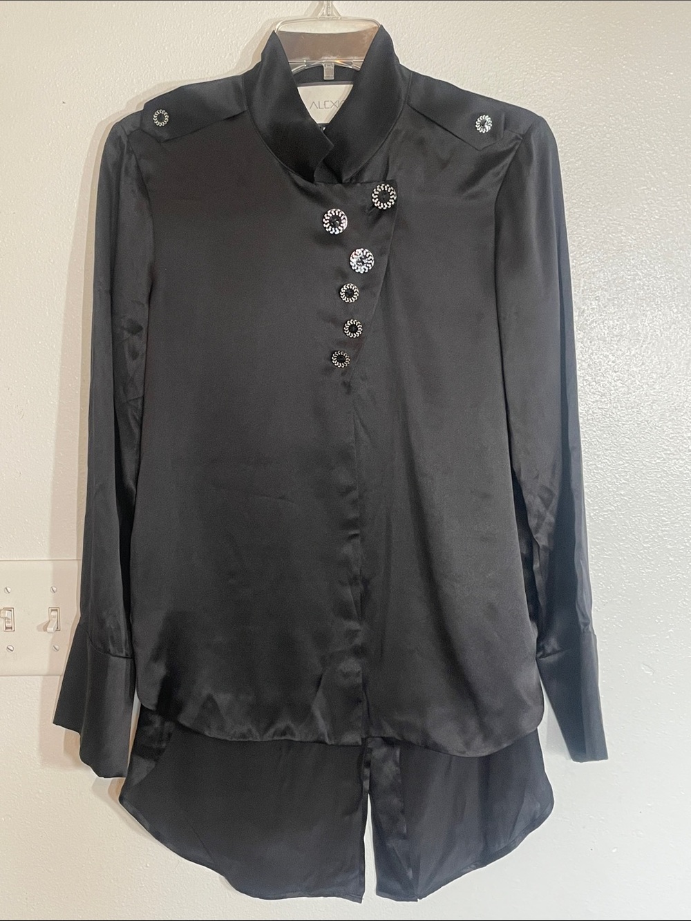 Alexis Black Satin Button-Front Shirt with Jeweled Buttons